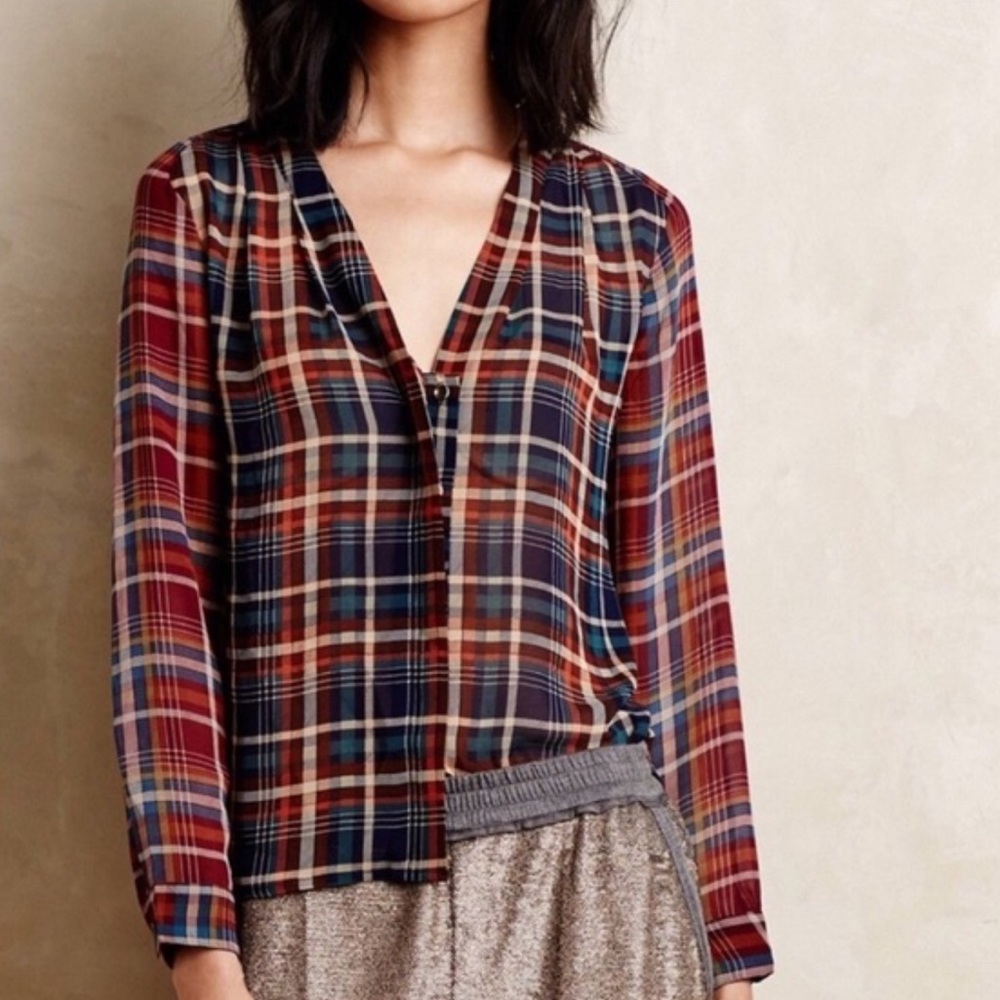 Maeve ($108C) Anthropologie Plaid Sheer VNeck Button Down Top
